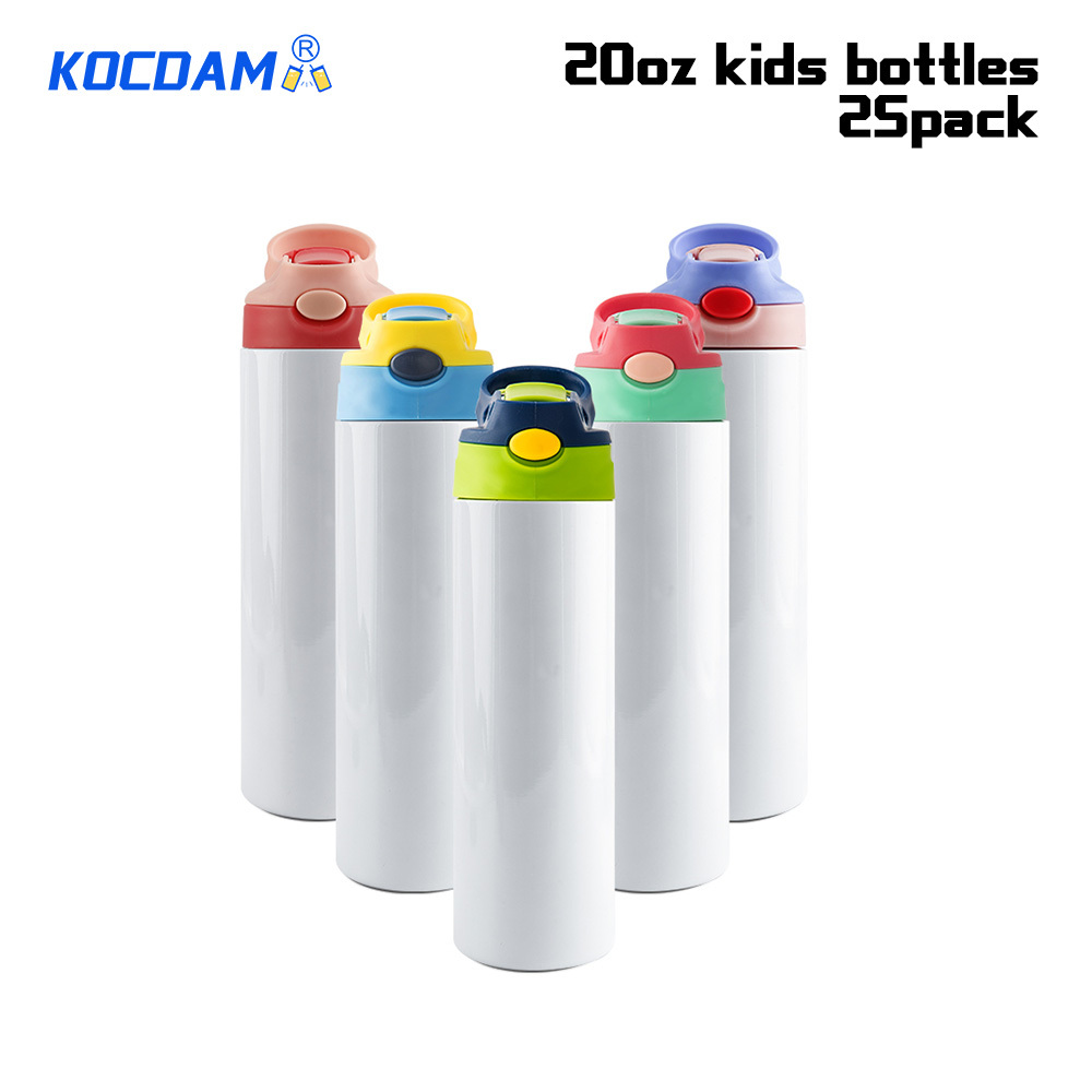 KOCDAM 25 Pack 20oz Stainless Steel Straight White Sublimation Kids Tumbler Flip Top Water Bottles