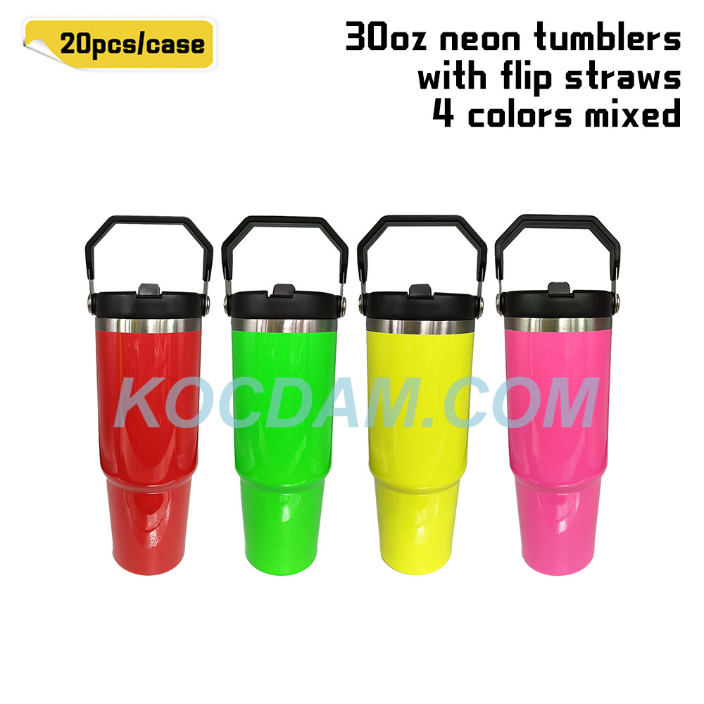 KOCDAM 20Pack 30oz Neon Flip Straw Sublimation Tumblers