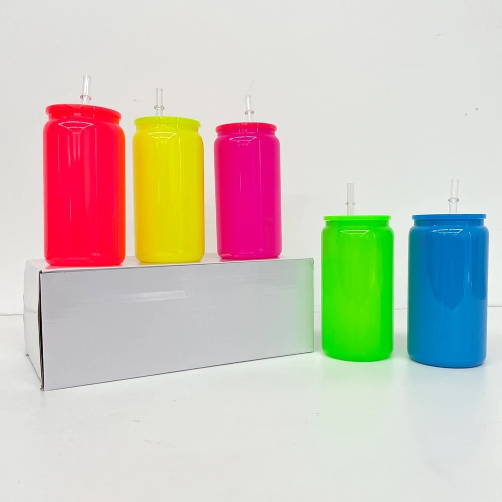 KOCDAM 50 Pack 16oz Sublimation Neon Mix 5 Colors Glass Cans With Colored Plastic Lids And Plastic Straws