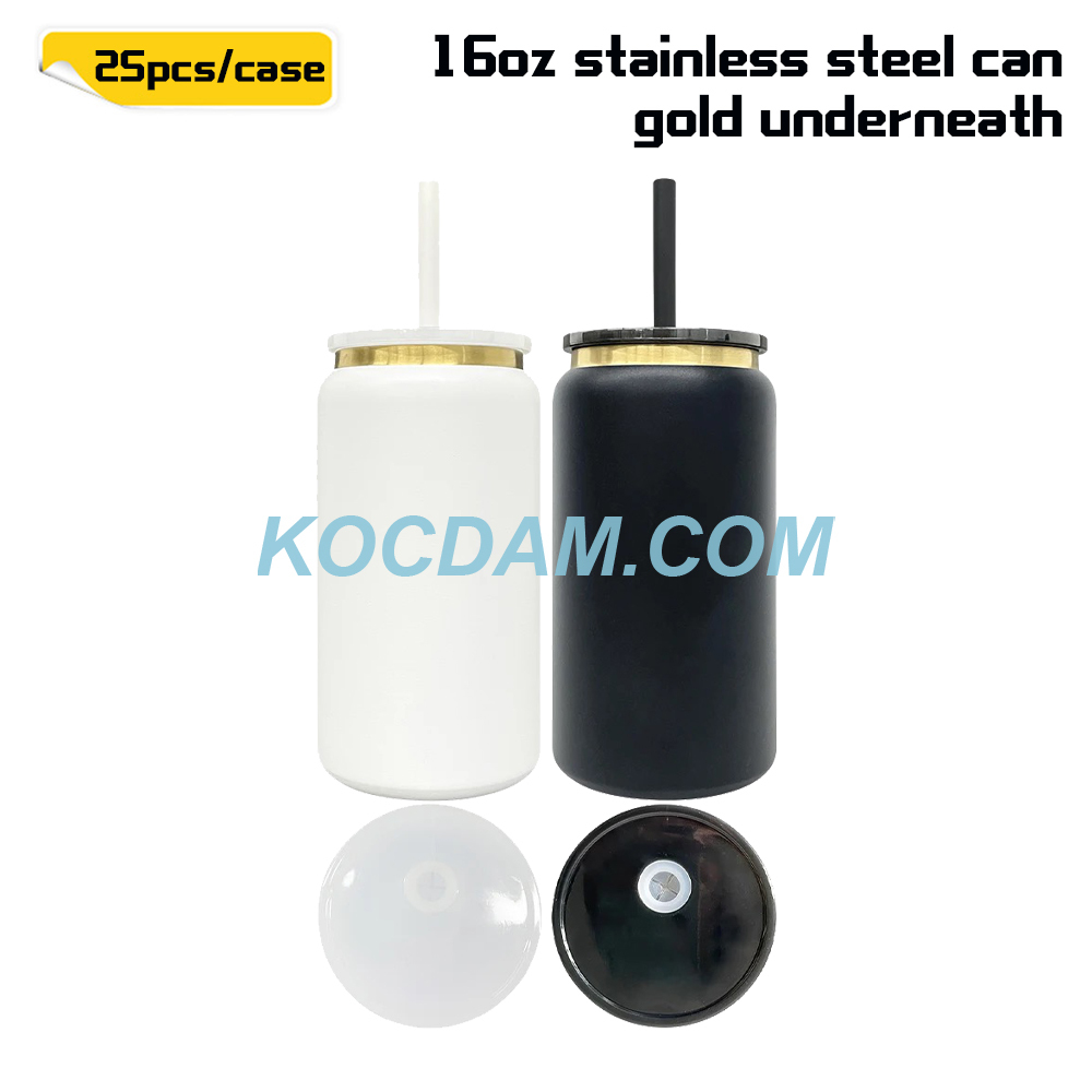 Kocdam 16oz White And Black Powder Coating Stainless Steel Can Gold Underneath With Plastic Lid