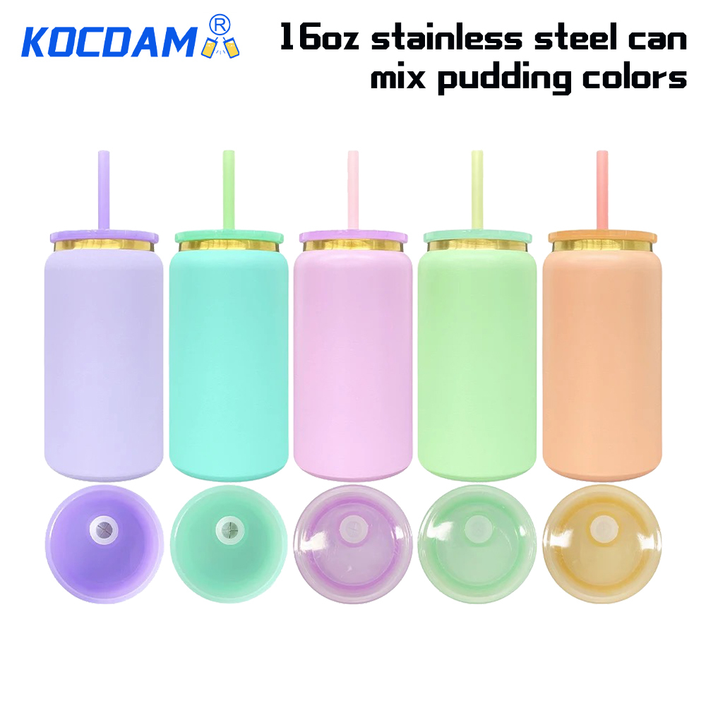 Kocdam 16oz Pudding Color Stainless Steel Can With Color Plastic Lid