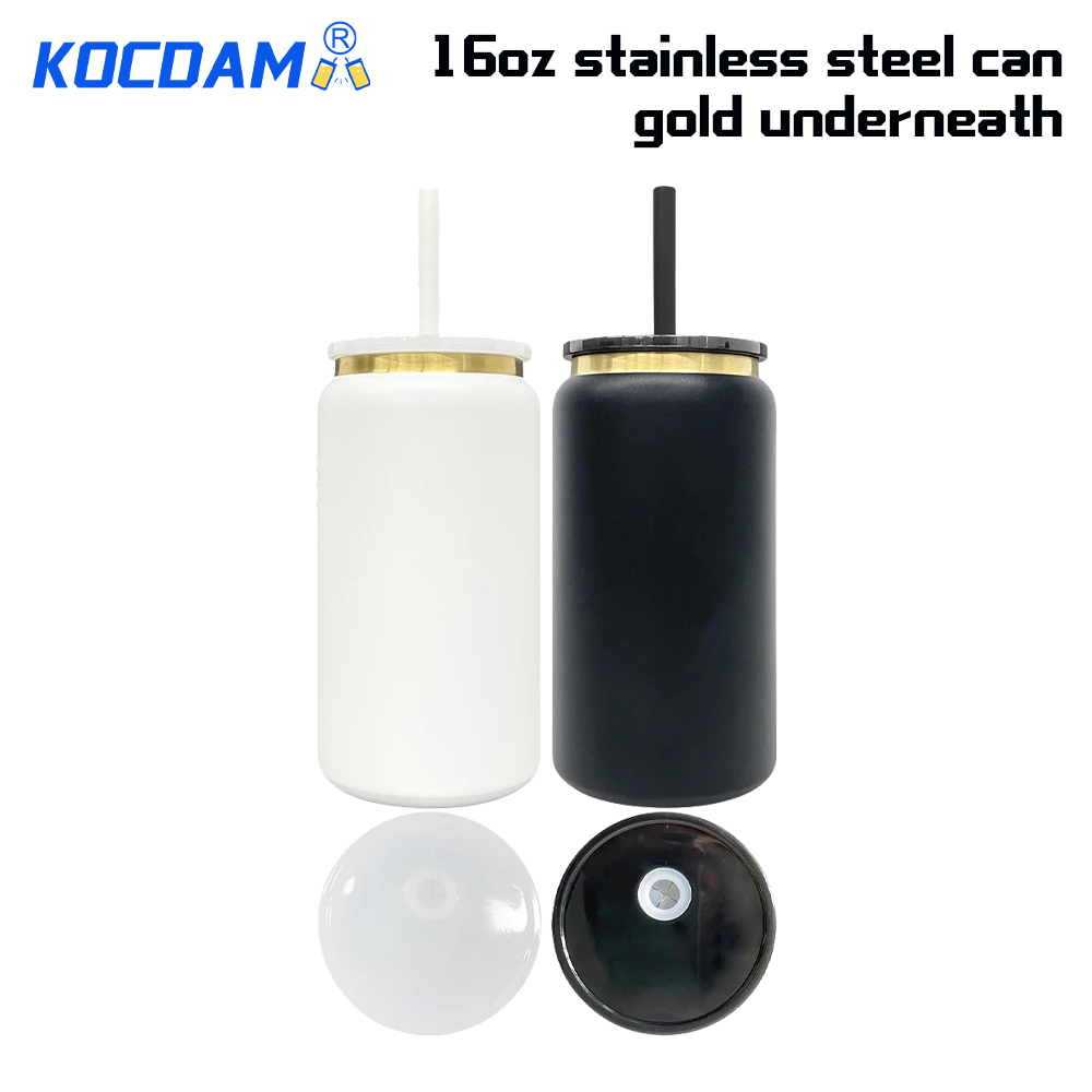 Kocdam 16oz White And Black Powder Coating Stainless Steel Can Gold Underneath With Plastic Lid