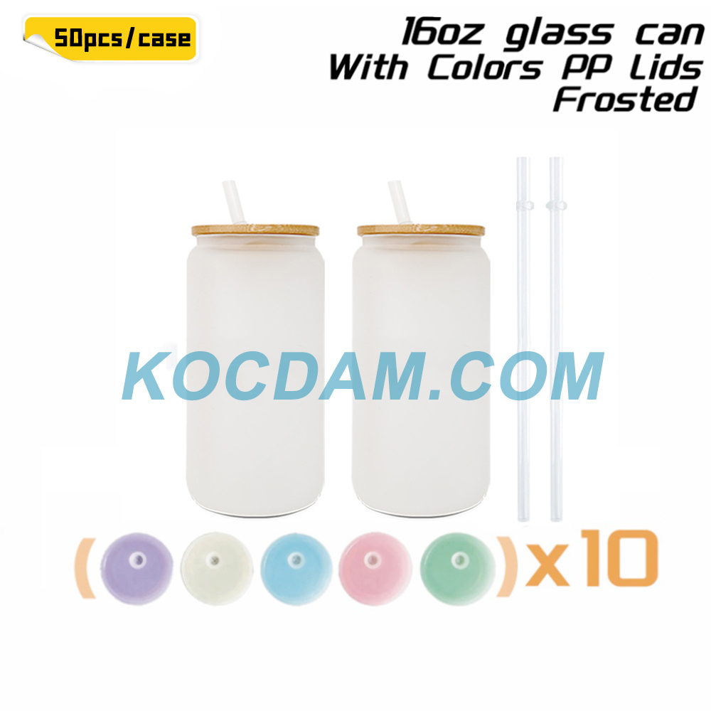 KOCDAM 50 Pack 16oz Sublimation Frosted Clear Glass Can Jar with Plastic Mixed 5 colors lids and Bamboo Lids and Plastic Straw