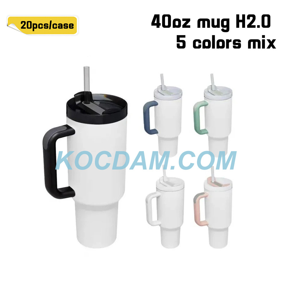 KOCDAM 20 Pack 40oz Sublimation Mug H2.0 Mix Colored Handle with Straw