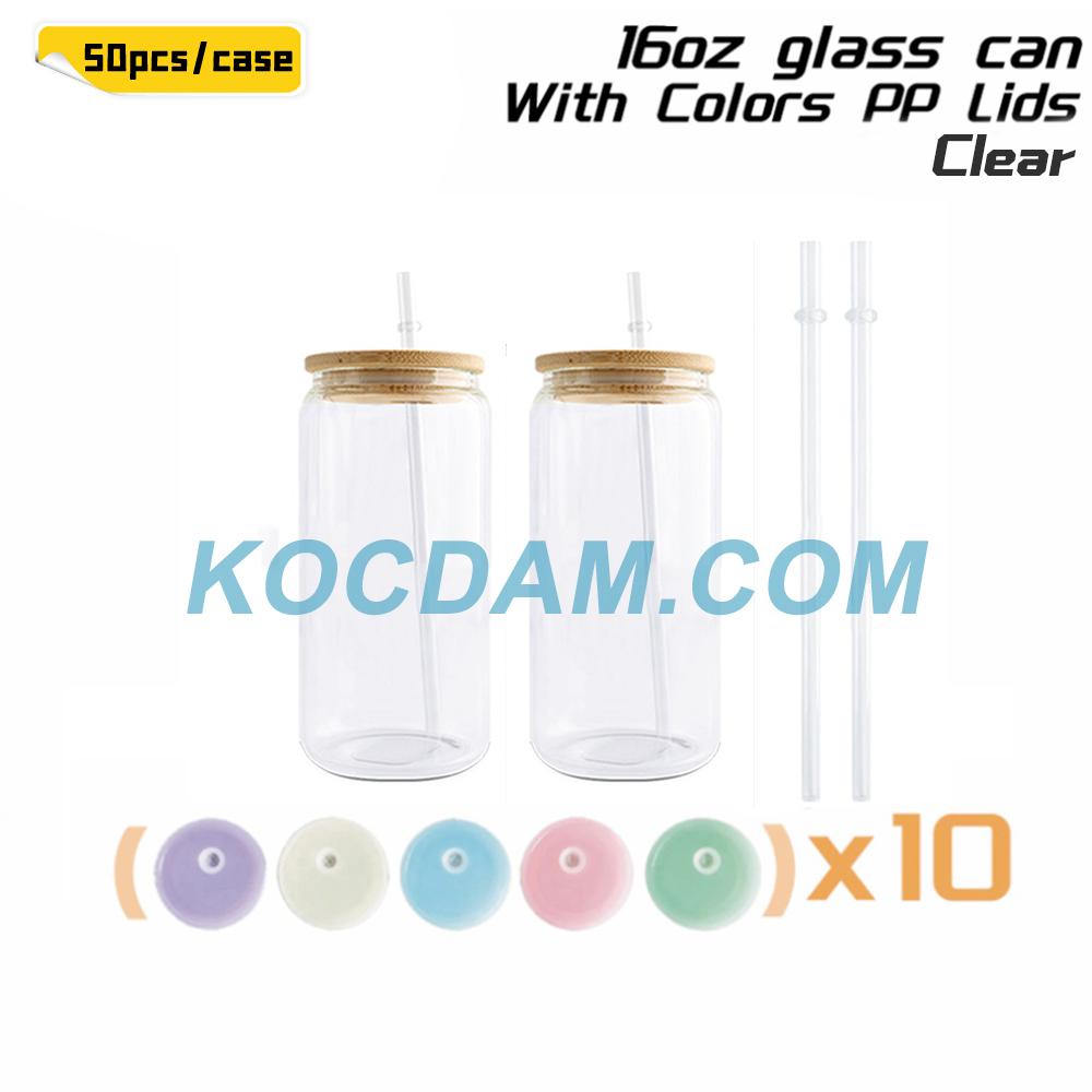 KOCDAM 50 Pack 16oz Sublimation Frosted Clear Glass Can Jar with Plastic Mixed 5 colors lids and Bamboo Lids and Plastic Straw