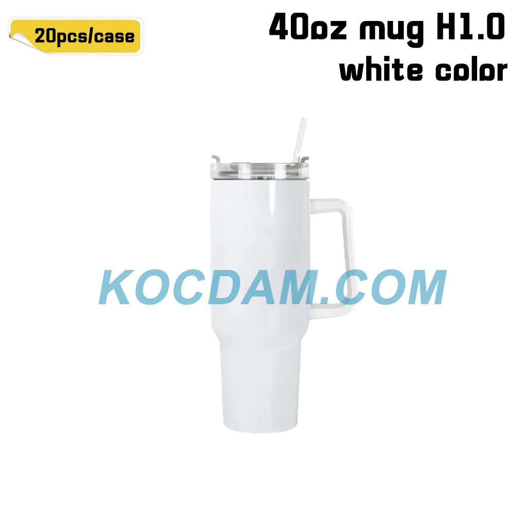 KOCDAM 20 Pack 40oz Sublimation Mug H1.0 White Color Handle with Straw