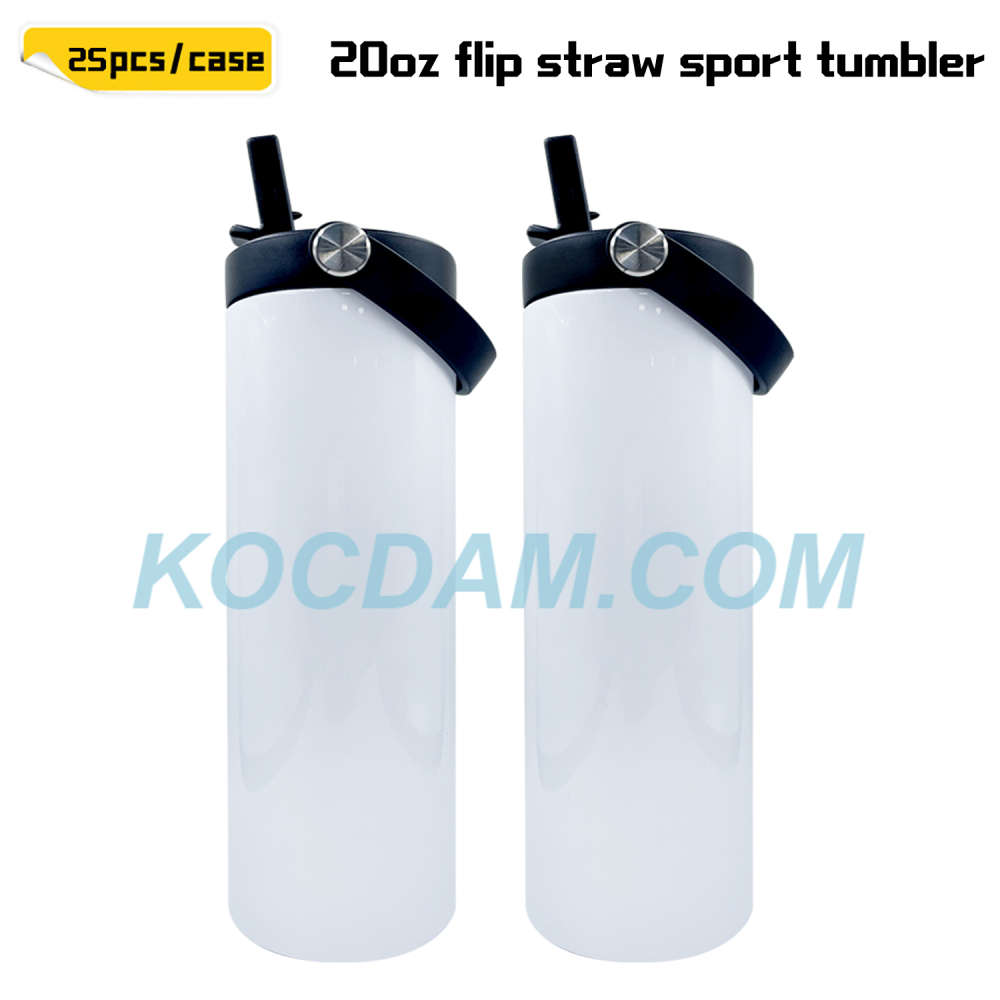 KOCDAM 25 Pack 20oz White Sublimation Flip Straw Straight Tumblers With Handles
