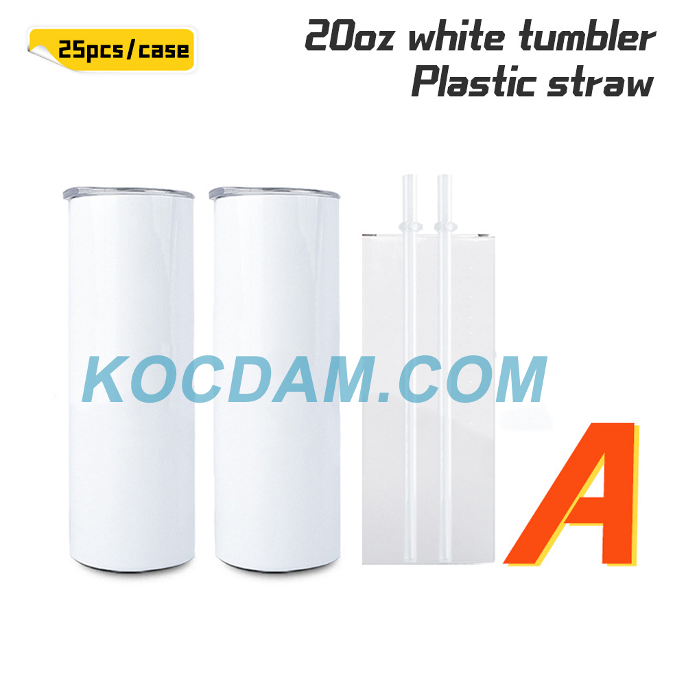 KOCDAM 25 Pack 20oz White Sublimation Straight Skinny Tumbler Blanks with different accessories