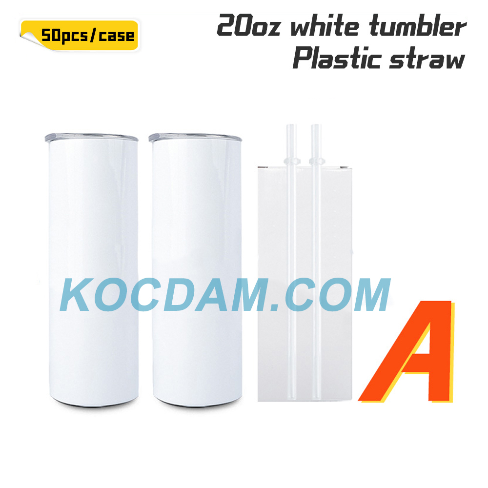 KOCDAM 50 Pack 20oz White Sublimation Straight Skinny Tumbler Blanks with different accessories