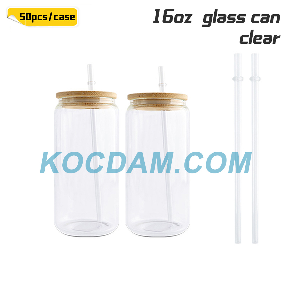 KOCDAM 25/50 Pack 16oz Sublimation Frosted Clear Glass Jar with Bamboo Lids and Plastic Straw