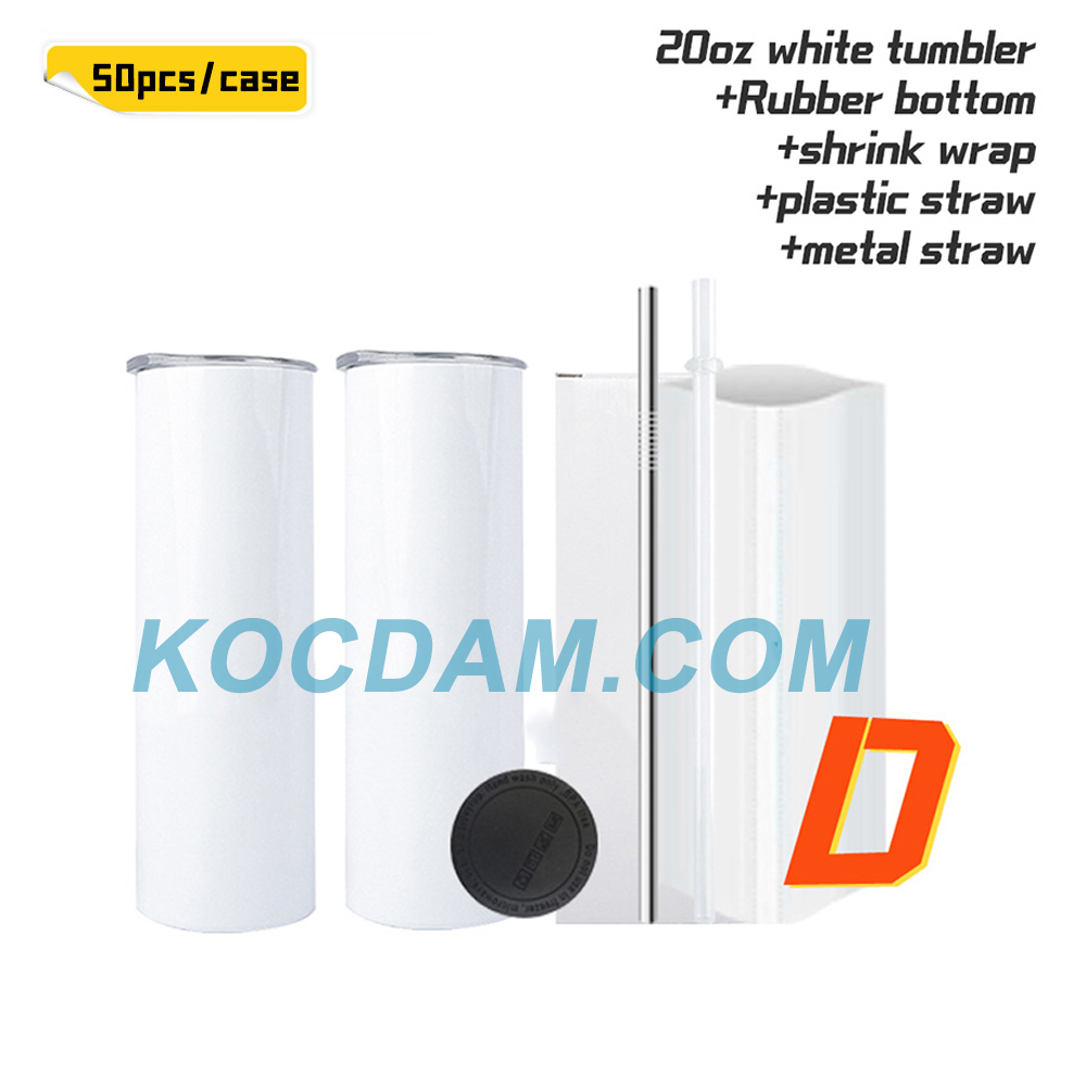 KOCDAM 50 Pack 20oz White Sublimation Straight Skinny Tumbler Blanks with different accessories