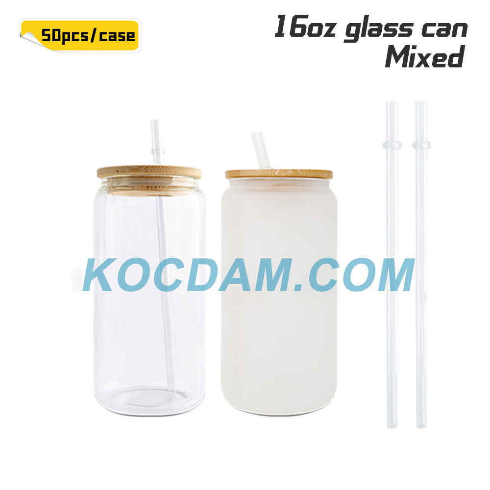 KOCDAM 25/50 Pack 16oz Sublimation Frosted Clear Glass Jar with Bamboo Lids and Plastic Straw