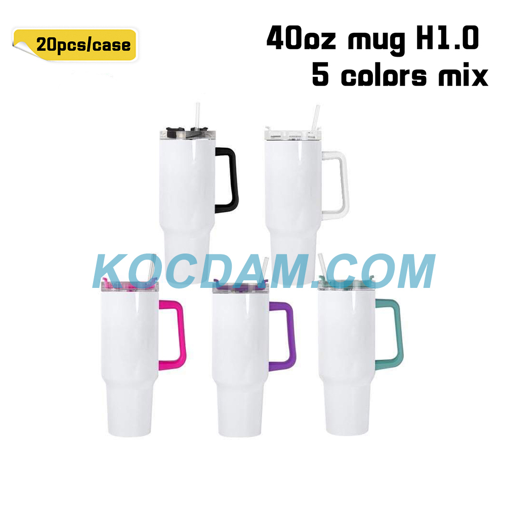 KOCDAM 20 Pack 40oz Sublimation Mug H1.0 Mix Colored Handle with Straw