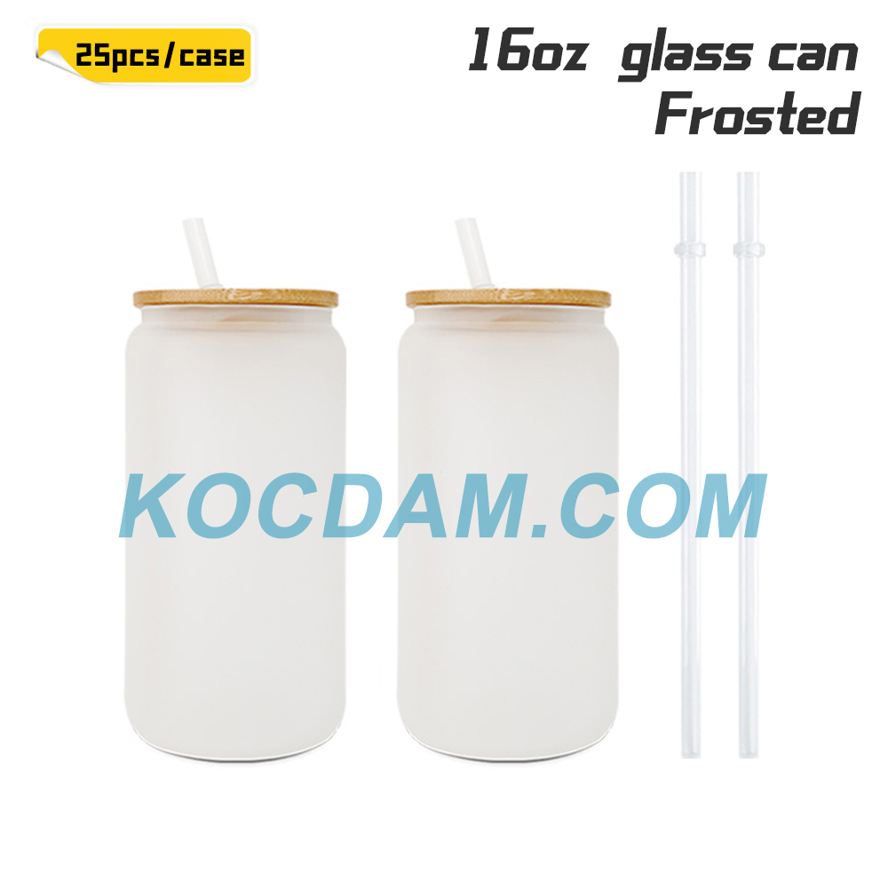 KOCDAM 25/50 Pack 16oz Sublimation Frosted Clear Glass Jar with Bamboo Lids and Plastic Straw