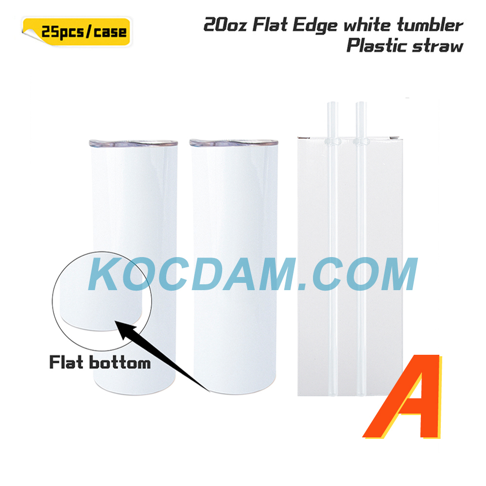 KOCDAM 25 Pack New Style 20oz Flat Edge White Sublimation Tumbler with Straw