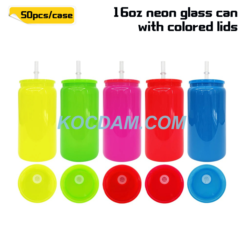 KOCDAM 50 Pack 16oz Sublimation Neon Mix 5 Colors Glass Cans With Colored Plastic Lids And Plastic Straws