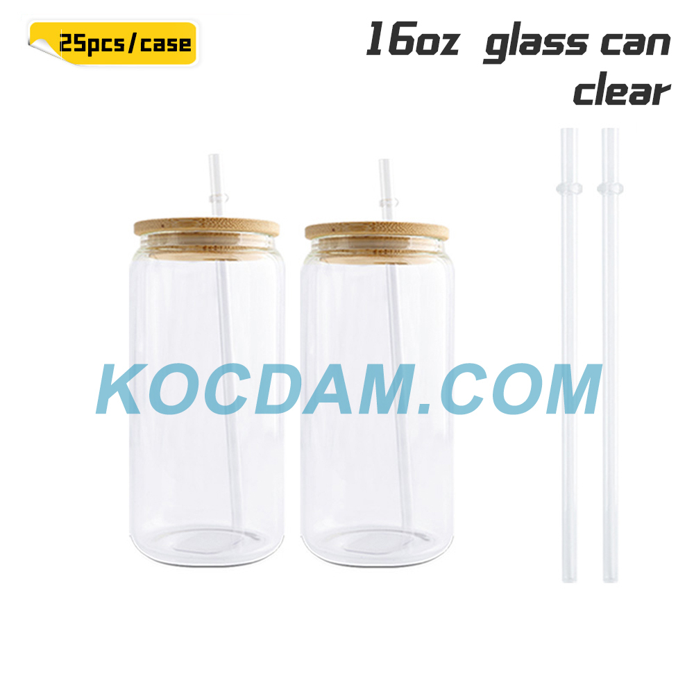KOCDAM 25/50 Pack 16oz Sublimation Frosted Clear Glass Jar with Bamboo Lids and Plastic Straw