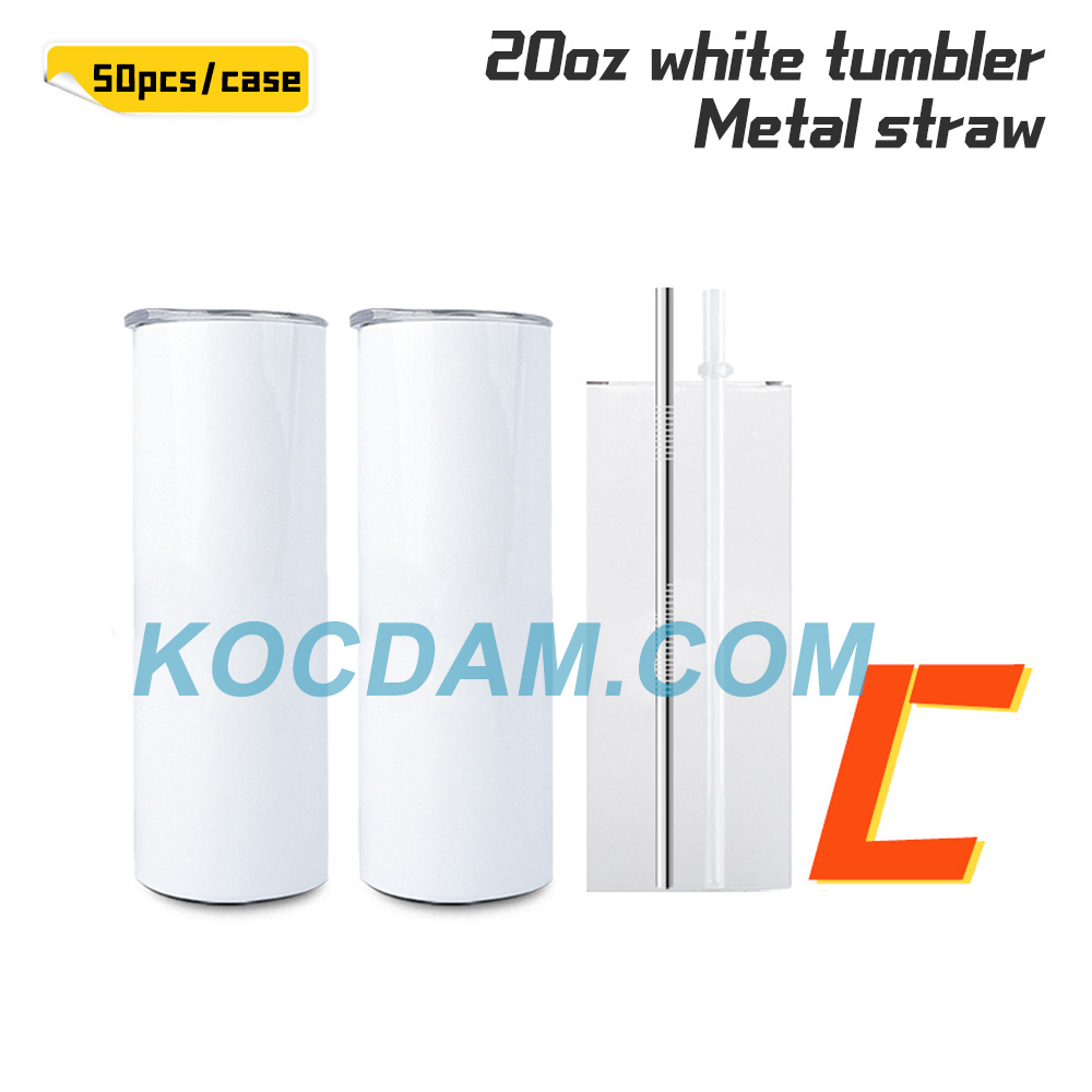 KOCDAM 50 Pack 20oz White Sublimation Straight Skinny Tumbler Blanks with different accessories