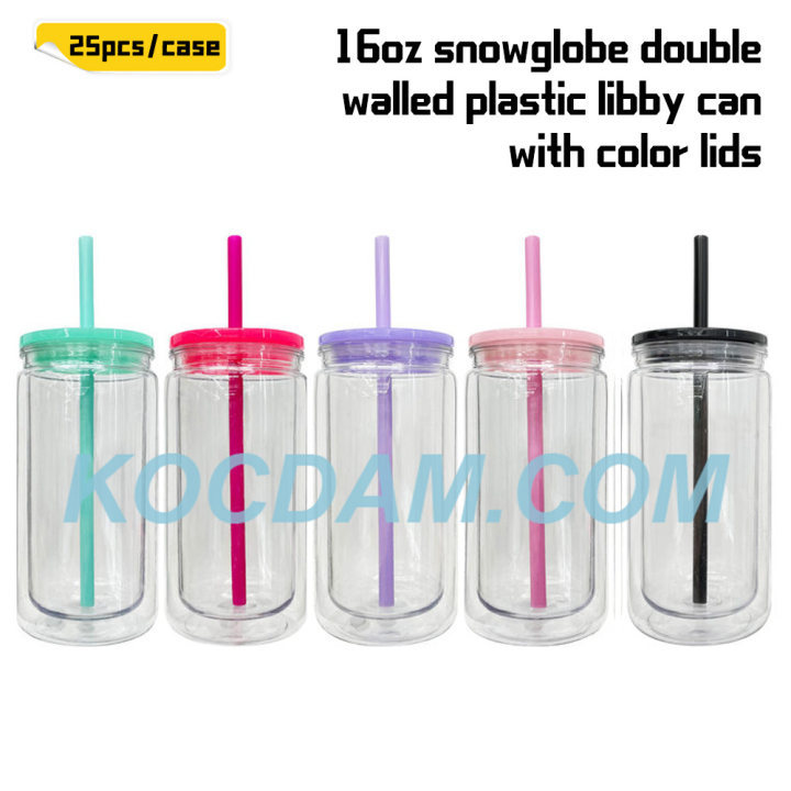 KOCDAM 25/50 Pack 16oz Snowglobe Double Walled Plastic Cups With Colors Plastic Lids And Colors Plastic Straw