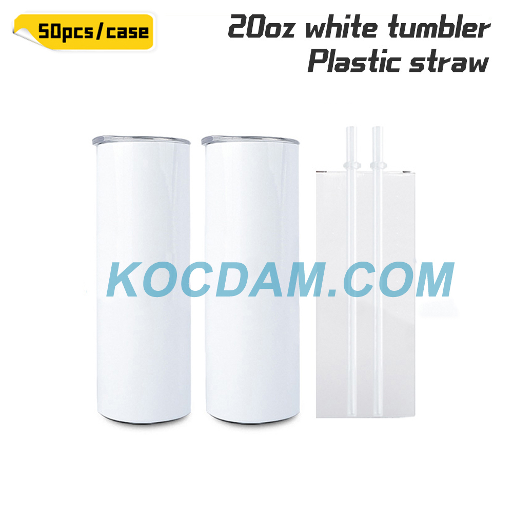 KOCDAM Kocdam 50 Pack 20oz White Sublimation Straight Skinny Tumbler Blanks with Plastic Strwas