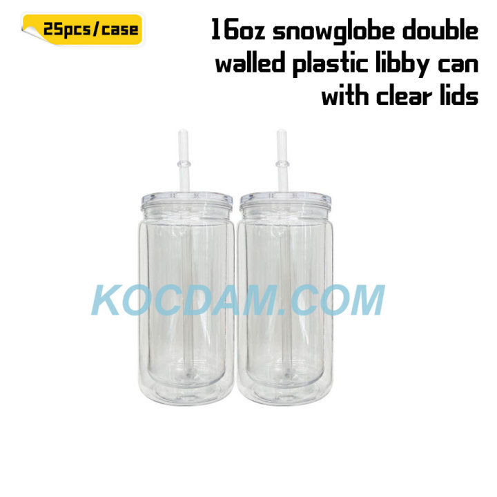 KOCDAM 25/50 Pack 16oz Snowglobe Double Walled Plastic Cups With Colors Plastic Lids And Colors Plastic Straw
