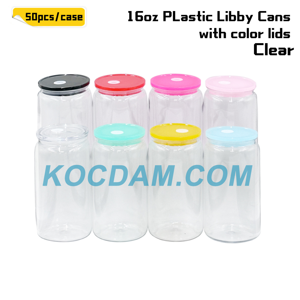 KOCDAM 50Pack 16OZ PC Plastic Libby Cans With 8 Colors Plastic Lids And Plastic Straws UVdtf