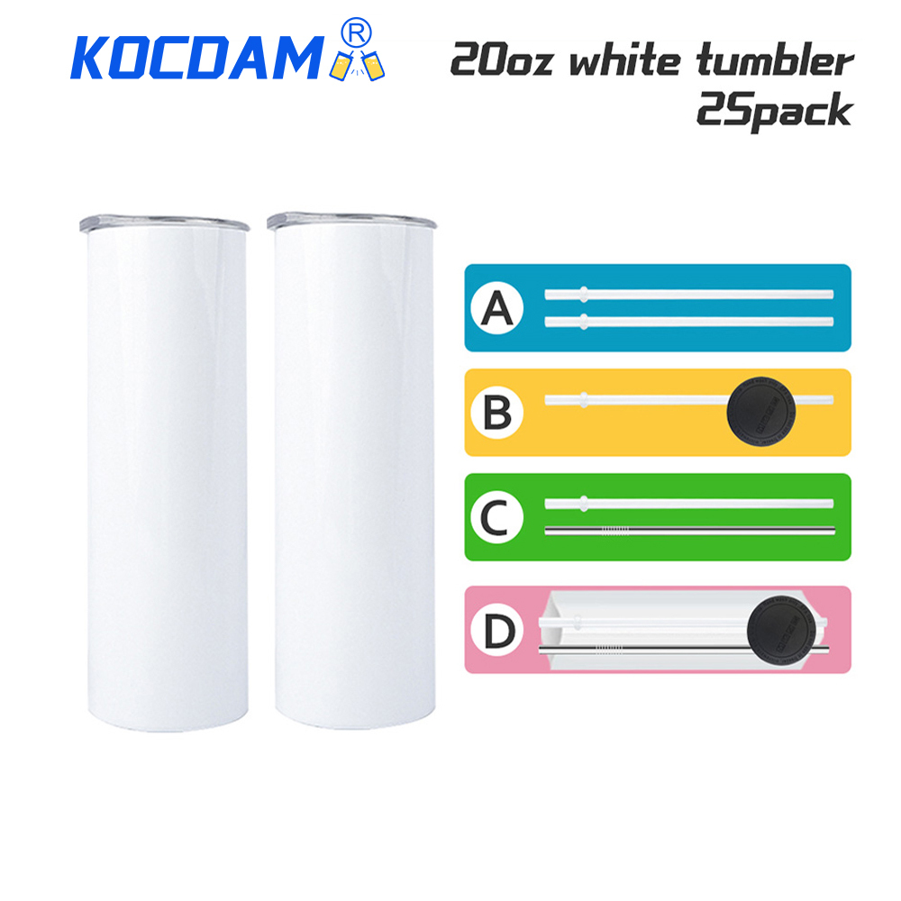 KOCDAM 25 Pack 20oz White Sublimation Straight Skinny Tumbler Blanks with different accessories