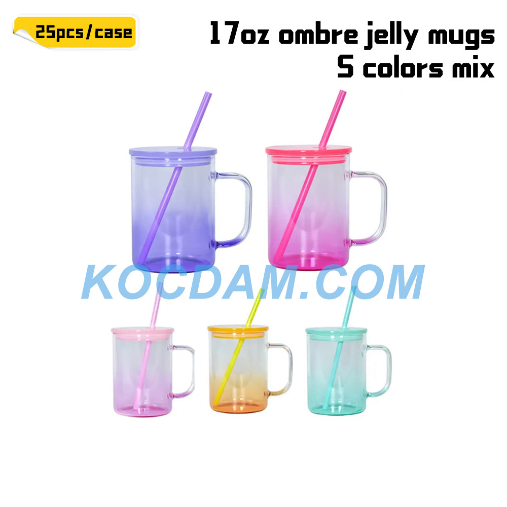 KOCDAM 25Pack 17oz Sublimation Ombre Jelly Mugs With Plastic Colored Lids And Plastic Colored Straw
