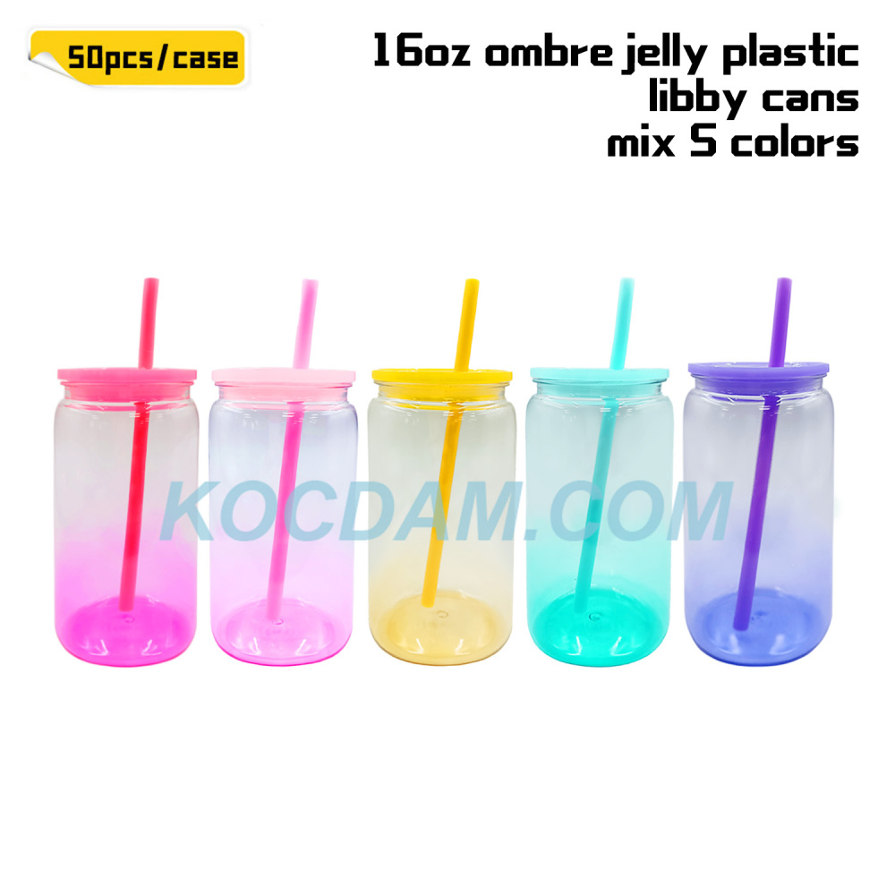 KOCDAM 50 Pack Ombre 16oz Sublimation Jelly Plastic Jar With Plastic Lids And Plastic Straw