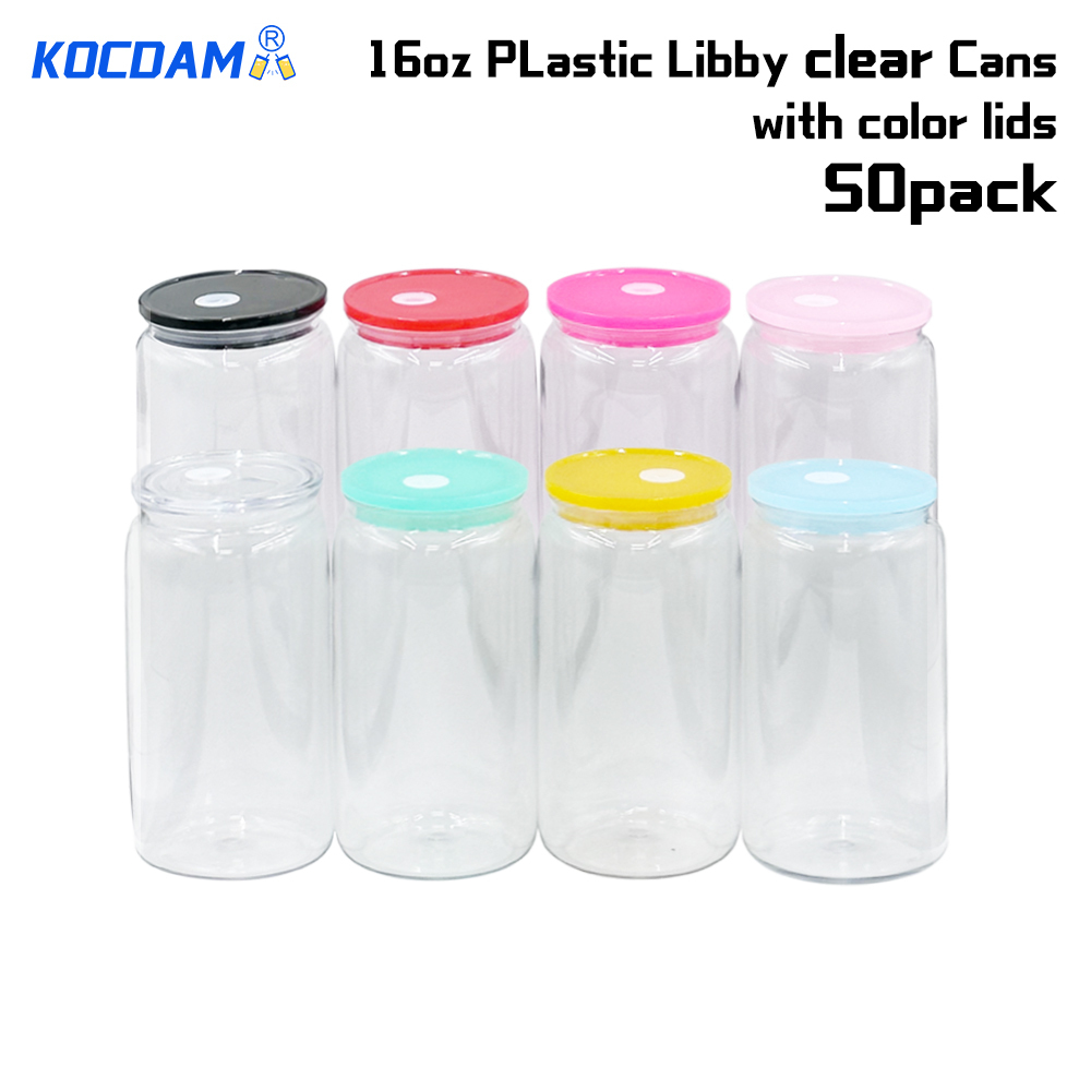 KOCDAM 50Pack 16OZ PC Plastic Libby Cans With 8 Colors Plastic Lids And Plastic Straws UVdtf