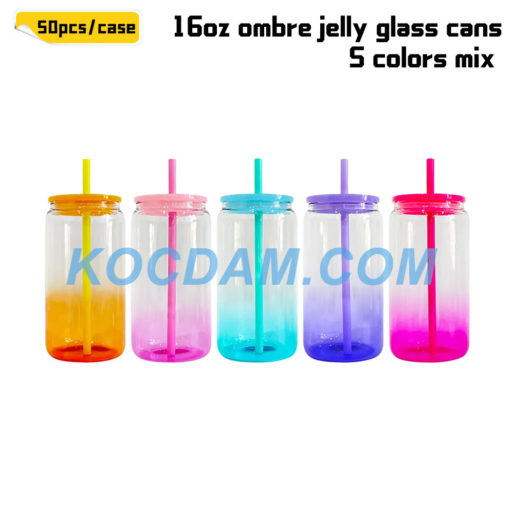 KOCDAM 25/50Pack 16oz Sublimation Ombre Jelly Libby Glass Cans With Plastic Colored Lids And Plastic Colored Straw
