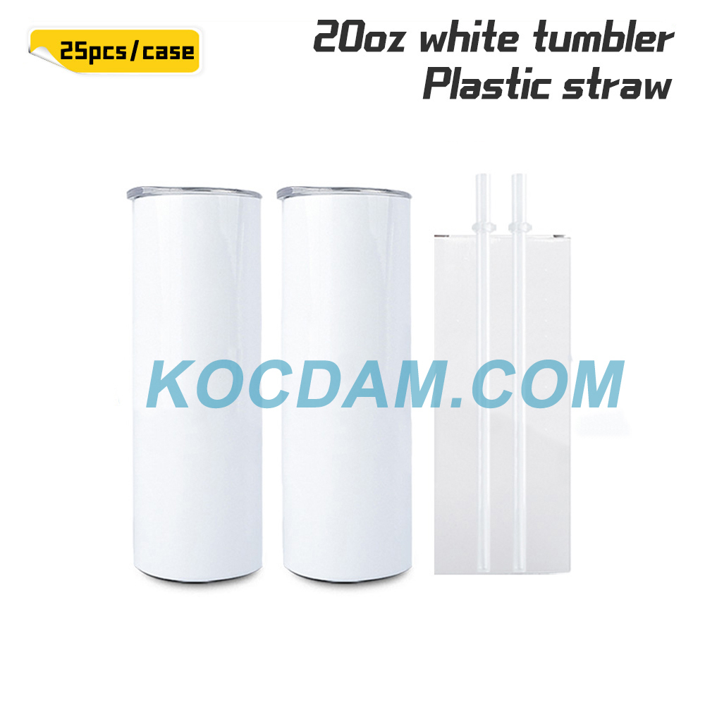 KOCDAM 25 Pack 20oz White Sublimation Straight Skinny Tumbler Blanks with Plastic Straws