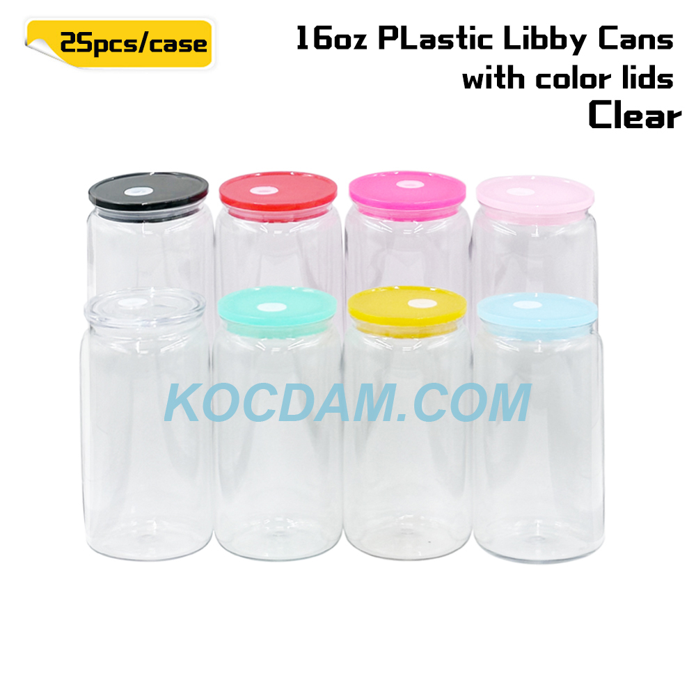KOCDAM 50Pack 16OZ PC Plastic Libby Cans With 8 Colors Plastic Lids And Plastic Straws UVdtf