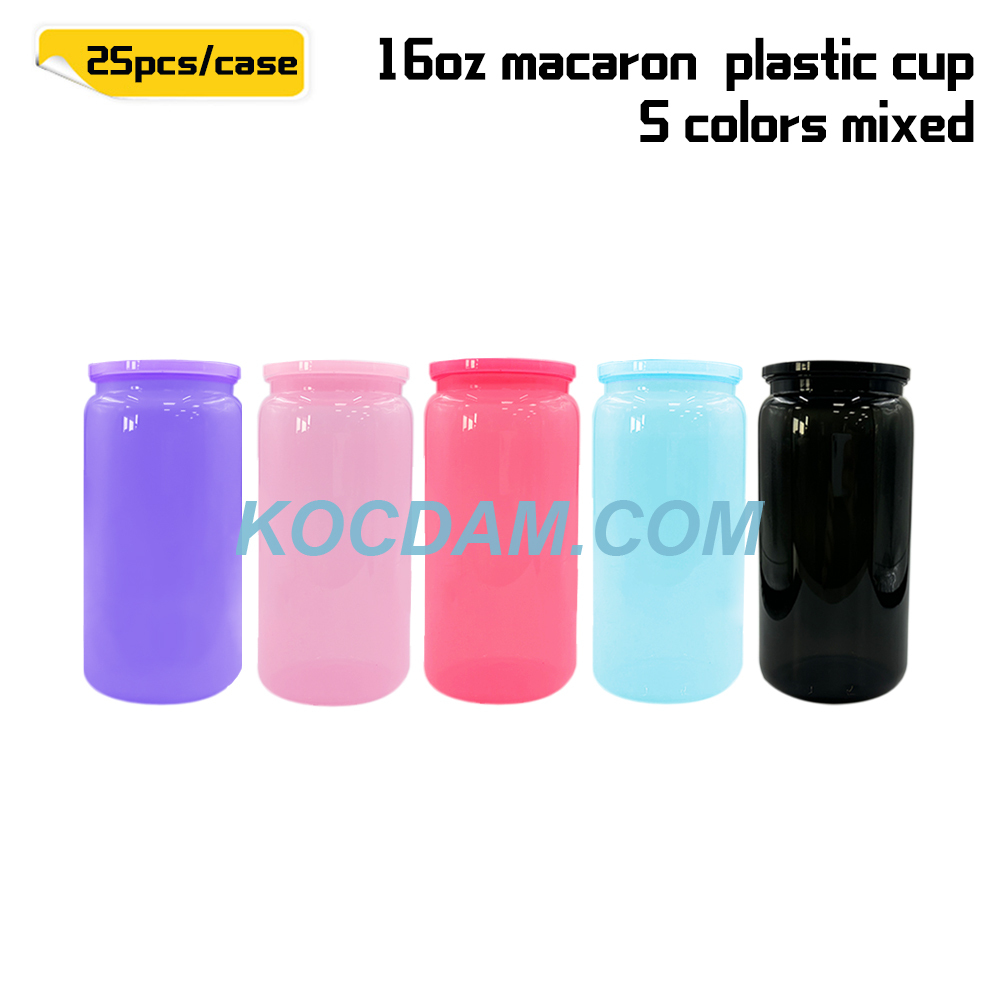 KOCDAM 25/50Pack 16OZ PC UVDTF Plastic Solid Macacon Colors Libby Cans With Colored Plastic Lids And Plastic Straws