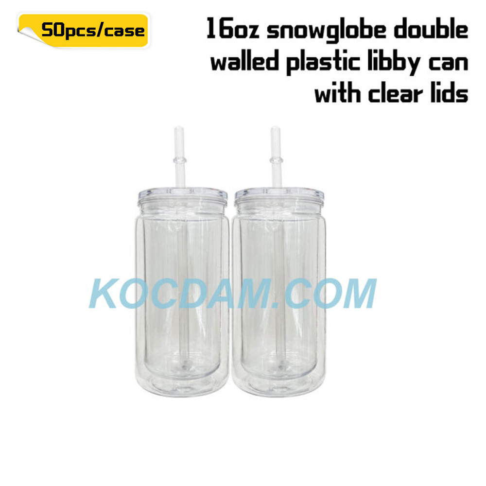KOCDAM 25/50 Pack 16oz Snowglobe Double Walled Plastic Cups With Colors Plastic Lids And Colors Plastic Straw
