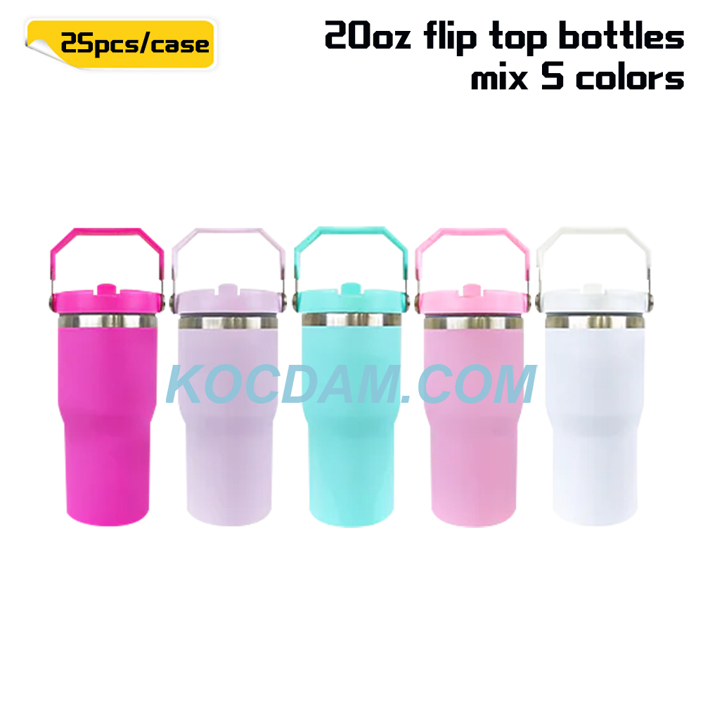 Kocdam 25pack 20oz Macaron Colors Blank Sublimation Stainless Steel Flip Straws Water Bottles Tumbler With Handles