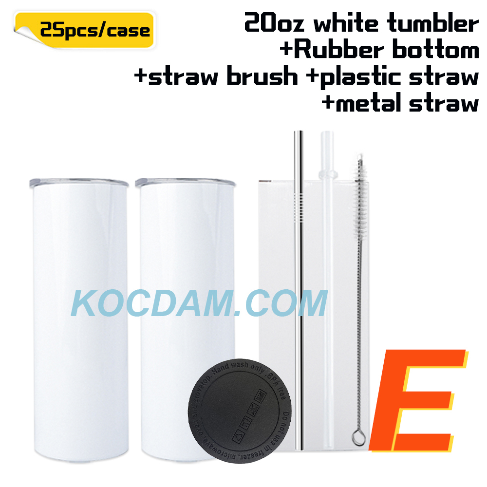 KOCDAM 25 Pack 20oz White Sublimation Straight Skinny Tumbler Blanks with different accessories