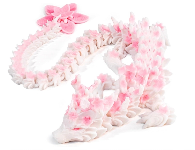 3D Printed Cherry Blossom Dragon – 11.8in Realistic Articulated Dragon Fidget Toy, Desk Décor and Collectible (White Pink)
