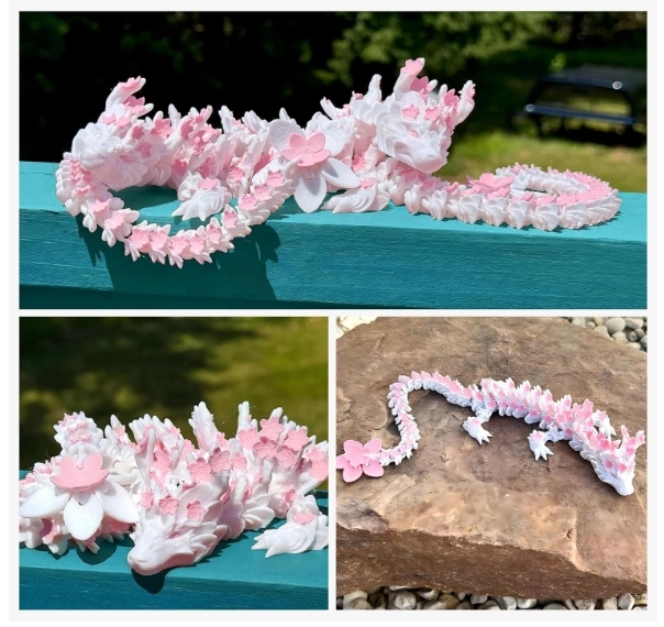 3D Printed Cherry Blossom Dragon – 11.8in Realistic Articulated Dragon Fidget Toy, Desk Décor and Collectible (White Pink)