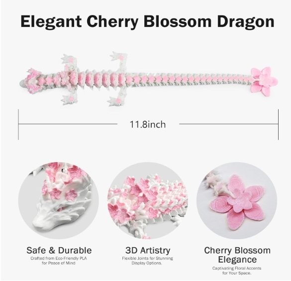 3D Printed Cherry Blossom Dragon – 11.8in Realistic Articulated Dragon Fidget Toy, Desk Décor and Collectible (White Pink)