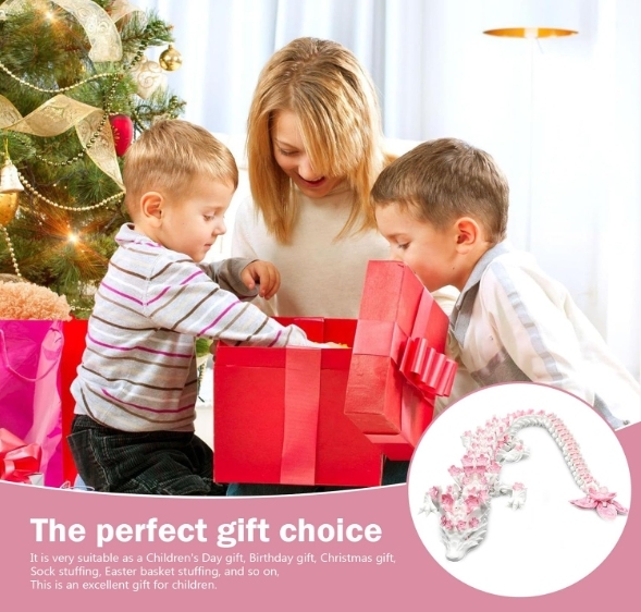 3D Printed Cherry Blossom Dragon – 11.8in Realistic Articulated Dragon Fidget Toy, Desk Décor and Collectible (White Pink)