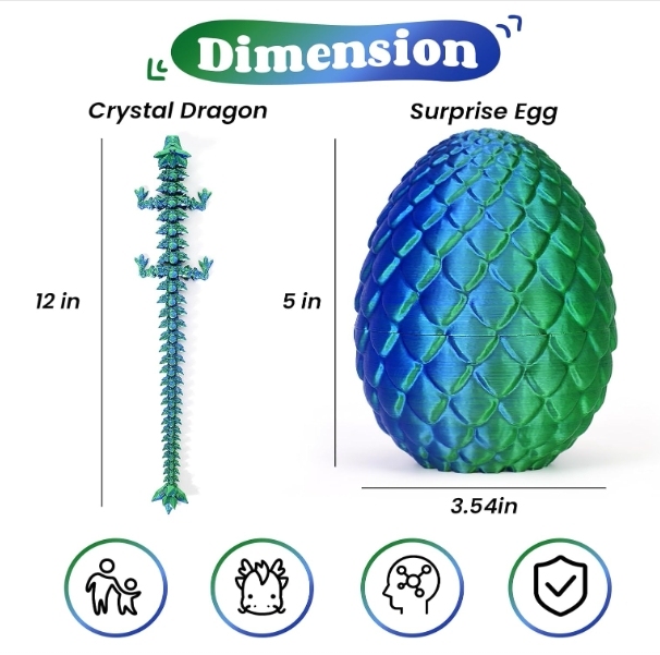 TBOLINE 3D Printed Dragon Egg, 3D Printer Articulated Crystal Animals Fidget Toy for Teen Boy Kid, Easter Mythical Pieces Dragon in Egg, Dinosaur Eggs Toy (Laser Green-12inch)