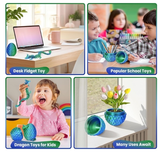 TBOLINE 3D Printed Dragon Egg, 3D Printer Articulated Crystal Animals Fidget Toy for Teen Boy Kid, Easter Mythical Pieces Dragon in Egg, Dinosaur Eggs Toy (Laser Green-12inch)