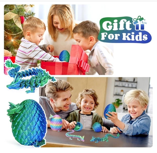 TBOLINE 3D Printed Dragon Egg, 3D Printer Articulated Crystal Animals Fidget Toy for Teen Boy Kid, Easter Mythical Pieces Dragon in Egg, Dinosaur Eggs Toy (Laser Green-12inch)