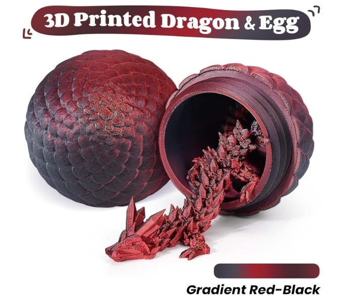 TBOLINE 3D Printed Dragon Egg, Full Articulated Crystal Animals Fidget Toy for Autism ADHD, 3D Print Dinosaur Eggs Toy Mythical Pieces Dragon in Egg Kid Teen Boy Girls (Black Red)
