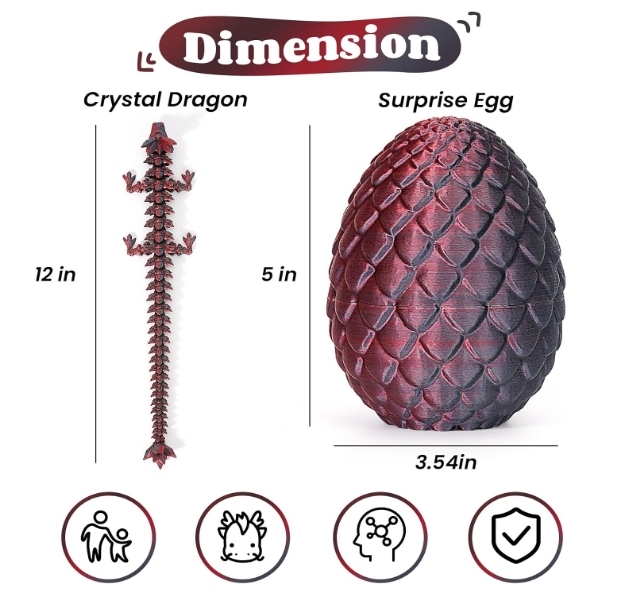 TBOLINE 3D Printed Dragon Egg, Full Articulated Crystal Animals Fidget Toy for Autism ADHD, 3D Print Dinosaur Eggs Toy Mythical Pieces Dragon in Egg Kid Teen Boy Girls (Black Red)