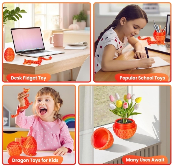 TBOLINE 3D Printed Dragon in Egg, 3D Printer Full Articulated Crystal Animal Fidget Toy, Surprise Easter Mythical Pieces Dragon Toy for Kids Teen Boys Girls (Laser Red-12inch)