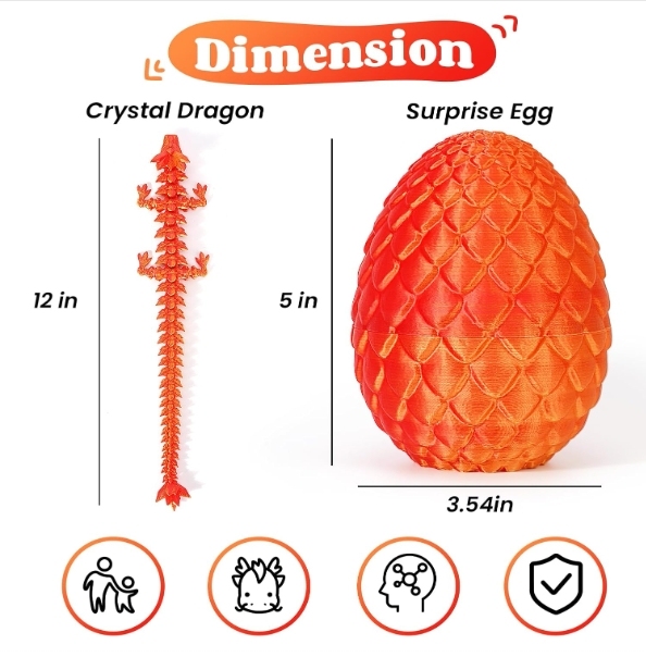 TBOLINE 3D Printed Dragon in Egg, 3D Printer Full Articulated Crystal Animal Fidget Toy, Surprise Easter Mythical Pieces Dragon Toy for Kids Teen Boys Girls (Laser Red-12inch)