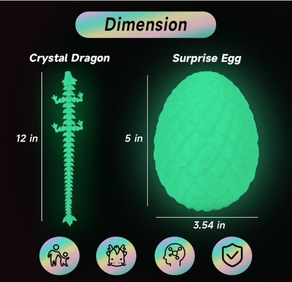TBOLINE 3D Printed Dragon Egg Glow in The Dark, 3D Printer Full Articulated Crystal Animals Fidget Toy, Surprise Easter Mythical Pieces Dragon Toy for Kids Teen Boys Girls
