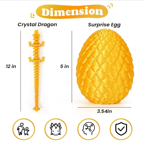 TBOLINE 3D Printed Dragon Egg, Full Articulated Crystal Animals Fidget Toy for Autism ADHD, 3D Print Dinosaur Eggs Toy Mythical Pieces Dragon in Egg Kid Teen Boy Girls (Gold)